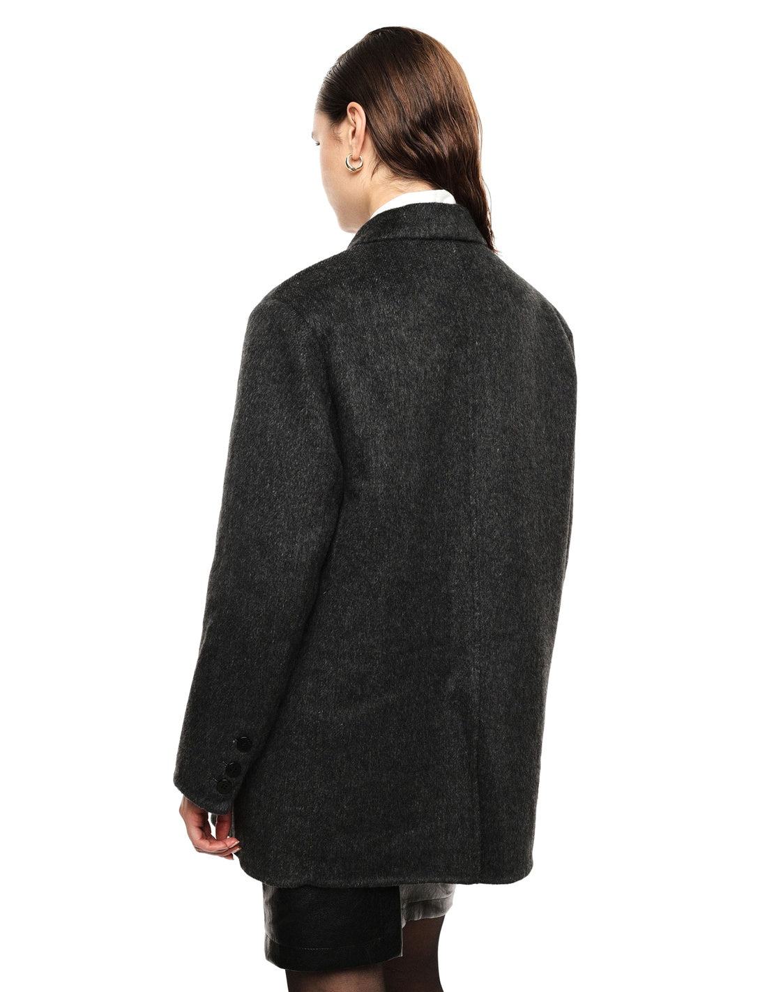 Manteau court croisé en drap façon poil de chameau porté, dos – gris anthracite – Imperial Femme
