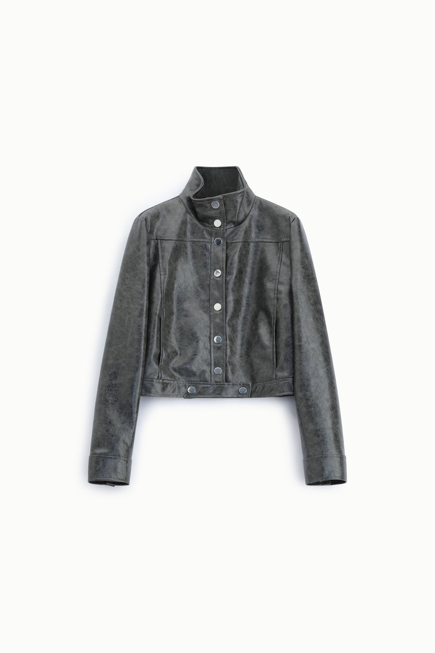 Blouson court éco-cuir craquelé à plat – Gris plomb – Imperial Femme