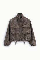 Blouson court à carreaux en laine mélangée à plat – Beige et bordeaux – Imperial Femme