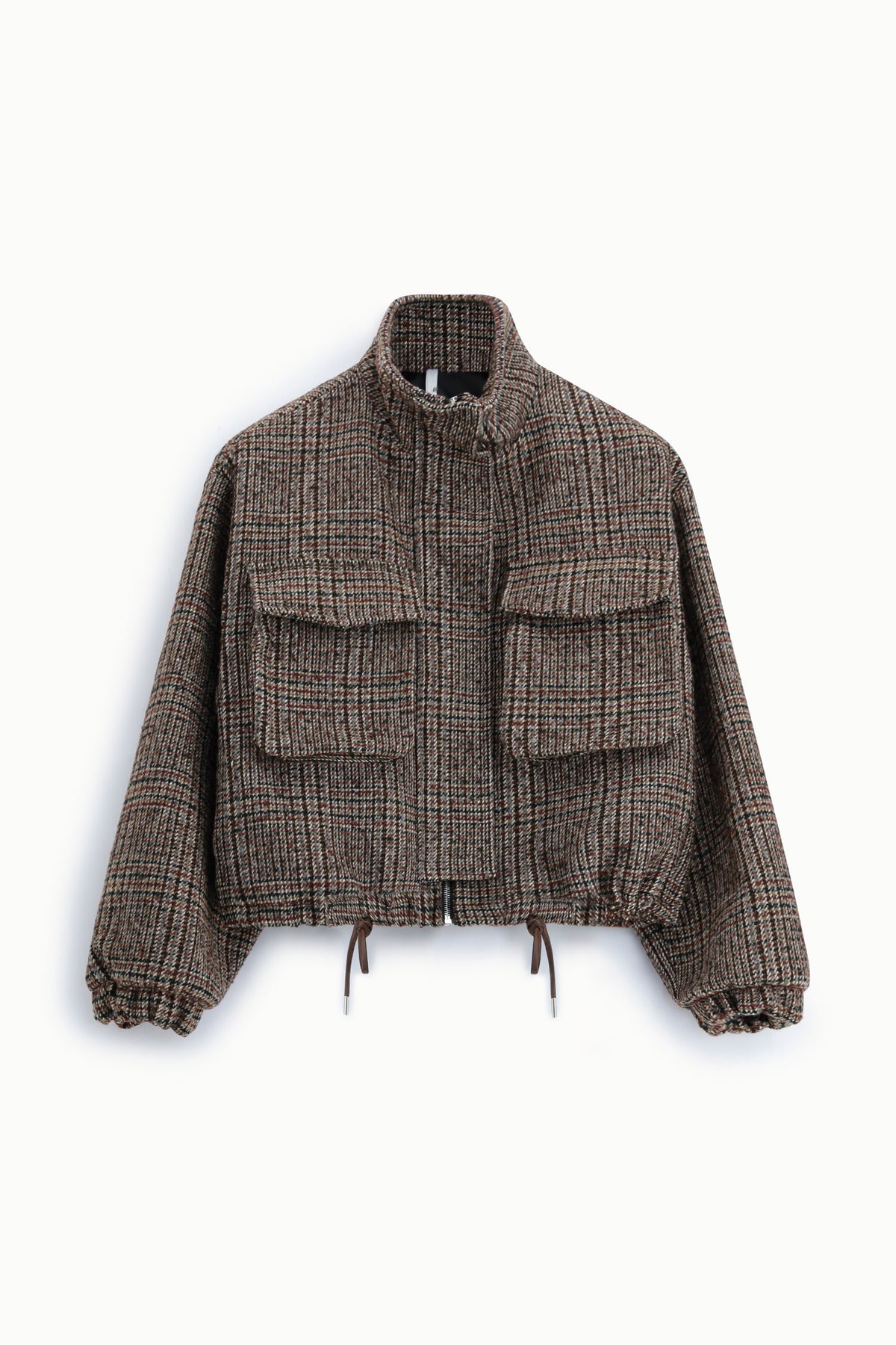 Blouson court à carreaux en laine mélangée à plat – Beige et bordeaux – Imperial Femme