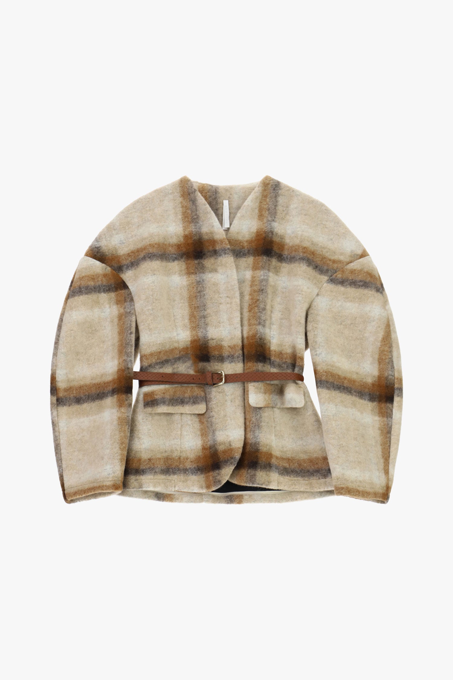 Veste ceinturée à carreaux en lainage à plat – Beige et marron – Imperial Femme