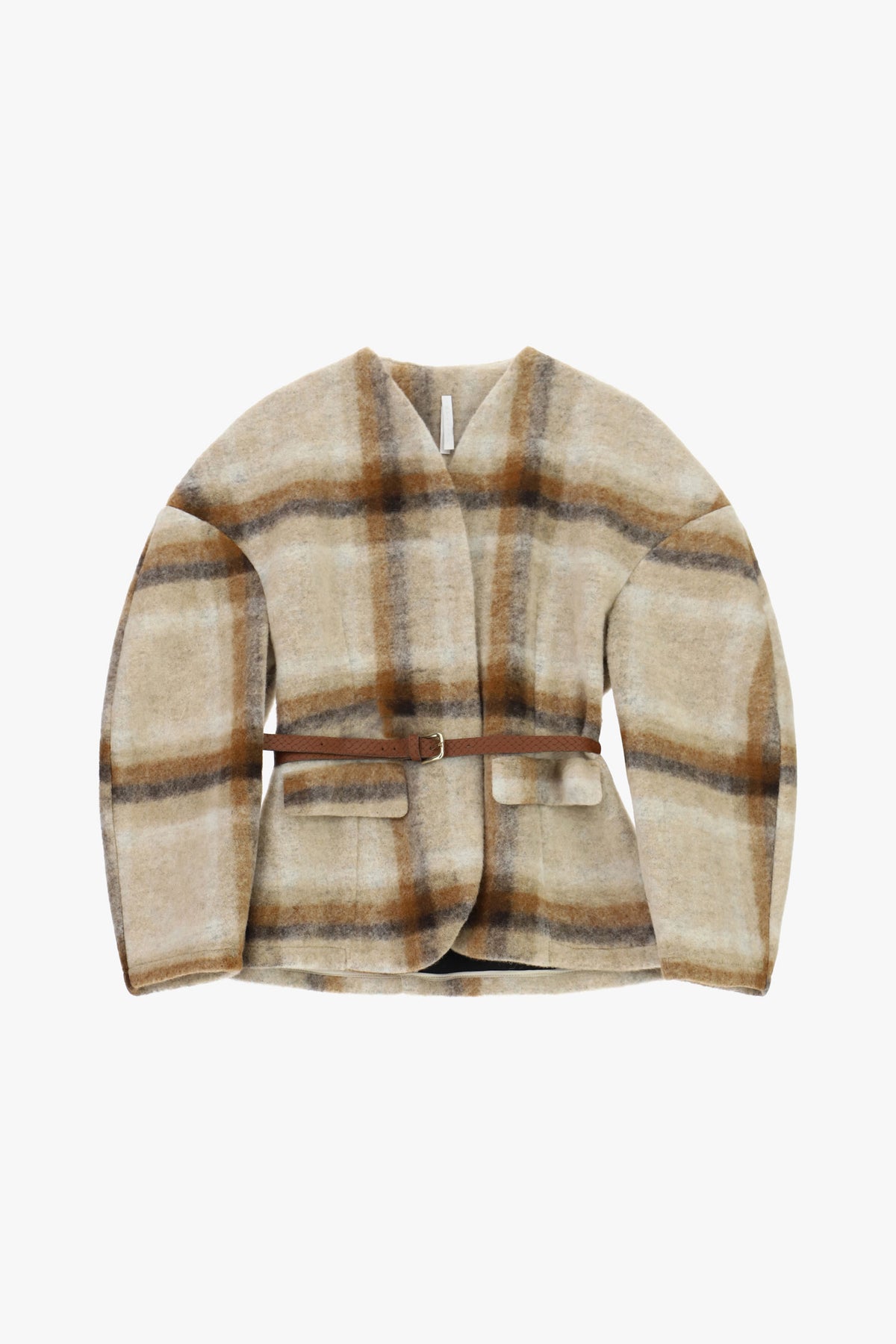 Veste ceinturée à carreaux en lainage à plat – Beige et marron – Imperial Femme
