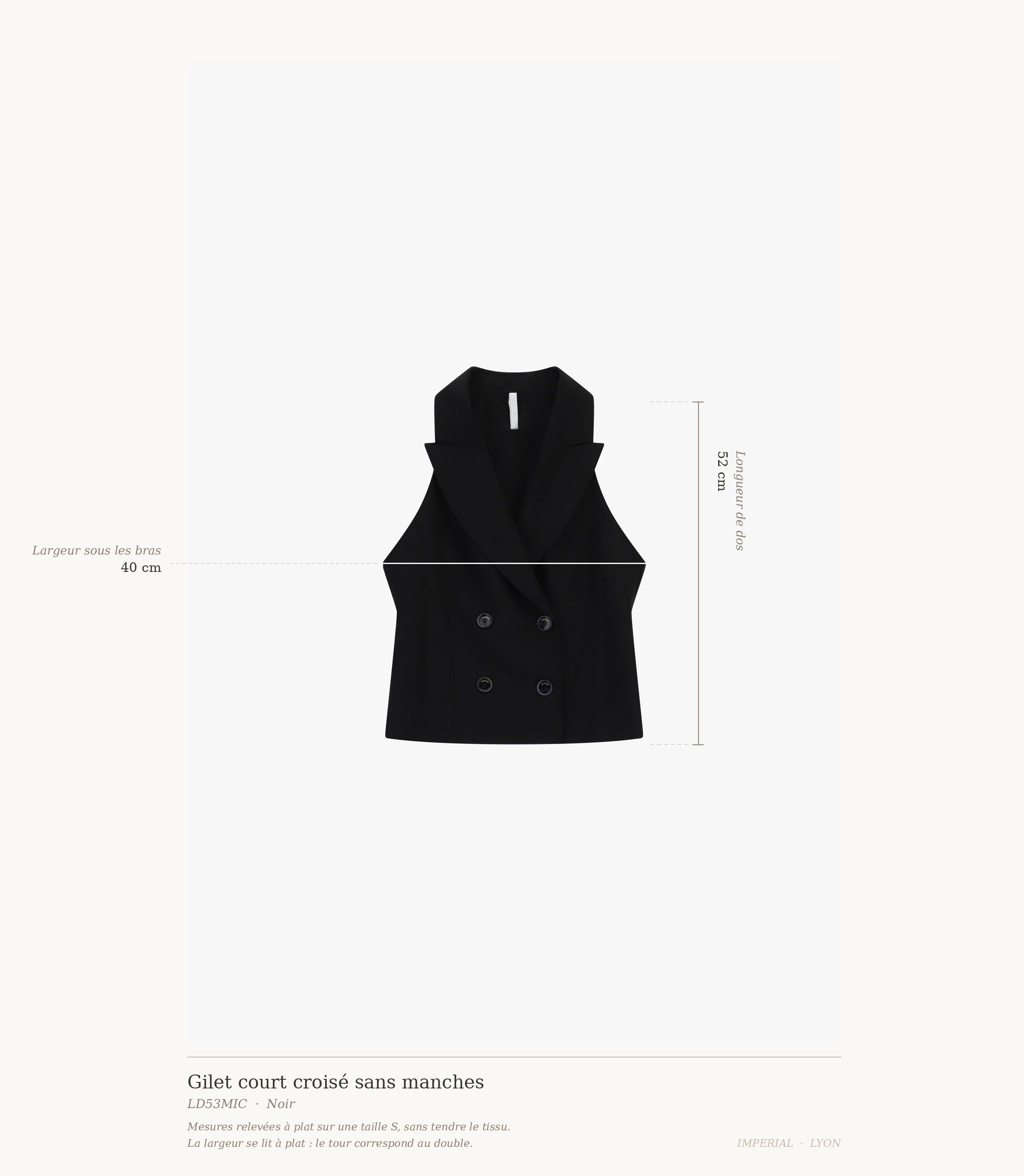 Cartographie des mesures du gilet Imperial : longueur de dos 52 cm, largeur sous les bras 40 cm all-groups