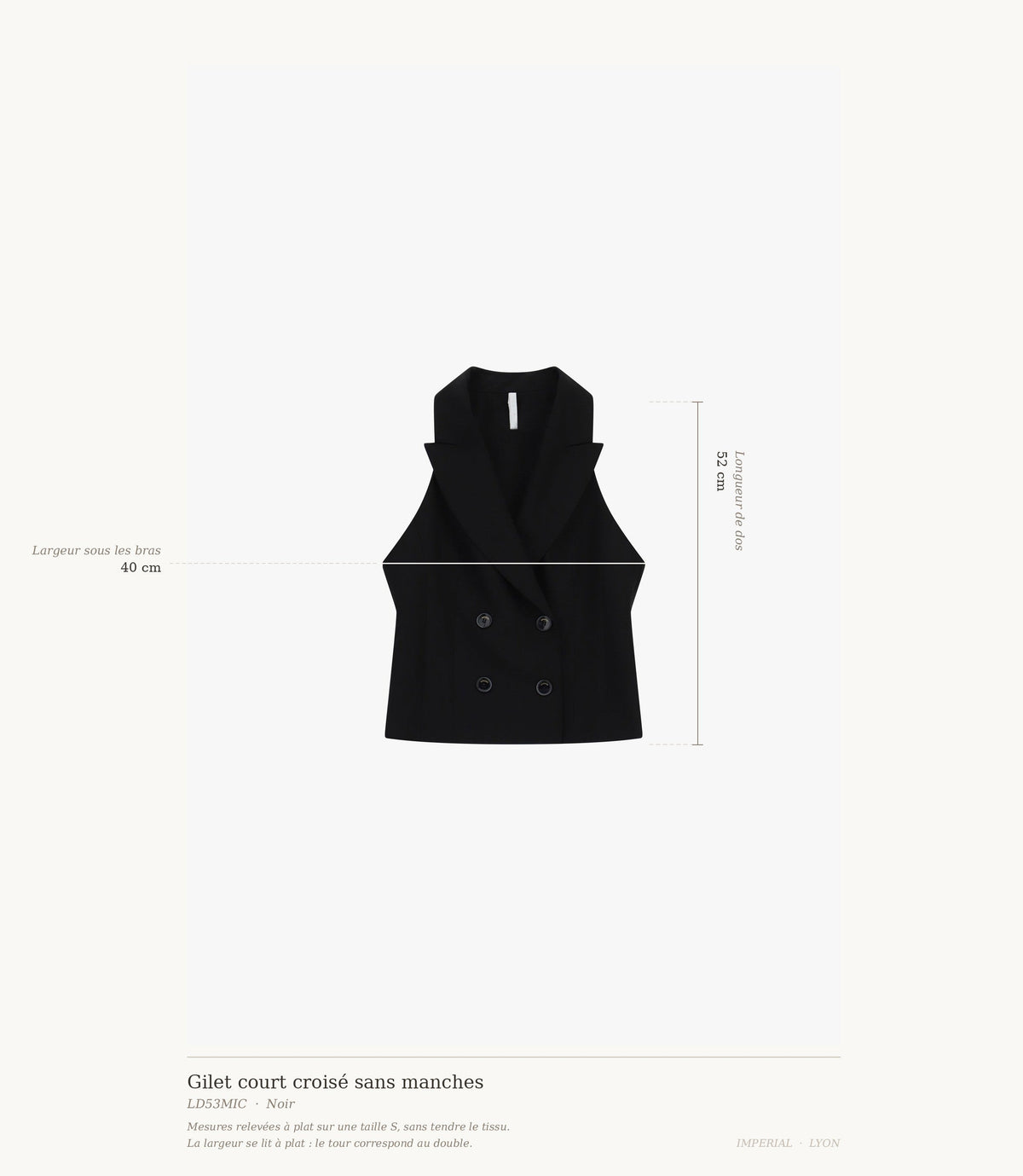 Cartographie des mesures du gilet Imperial : longueur de dos 52 cm, largeur sous les bras 40 cm all-groups