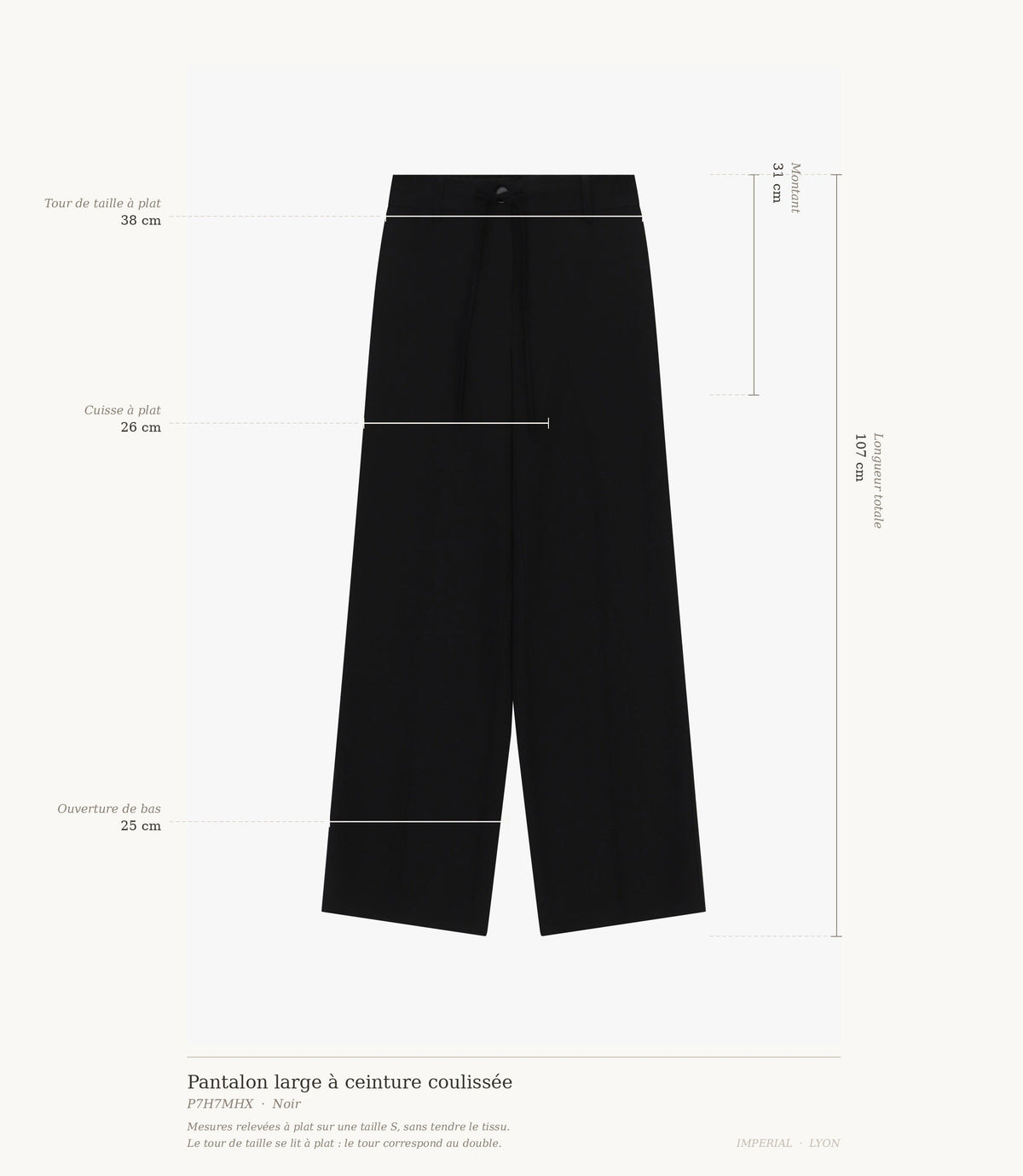 Cartographie des mesures du pantalon Imperial : taille 38 cm, montant 31 cm, cuisse 26 cm, ouverture 25 cm, longueur 107 cm all-groups