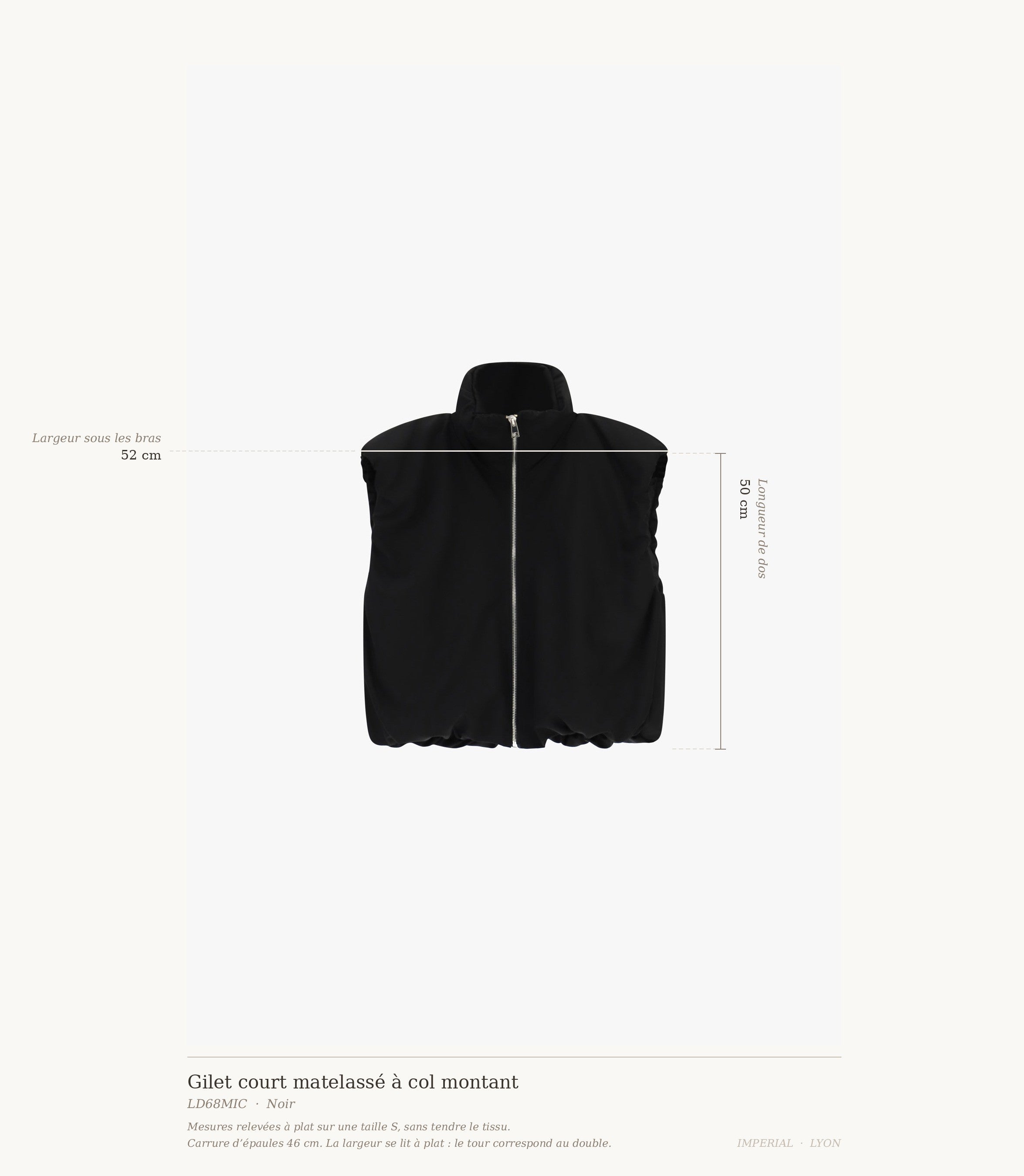 Cartographie des mesures du gilet Imperial : dos 50 cm, carrure 46 cm, largeur sous les bras 52 cm all-groups
