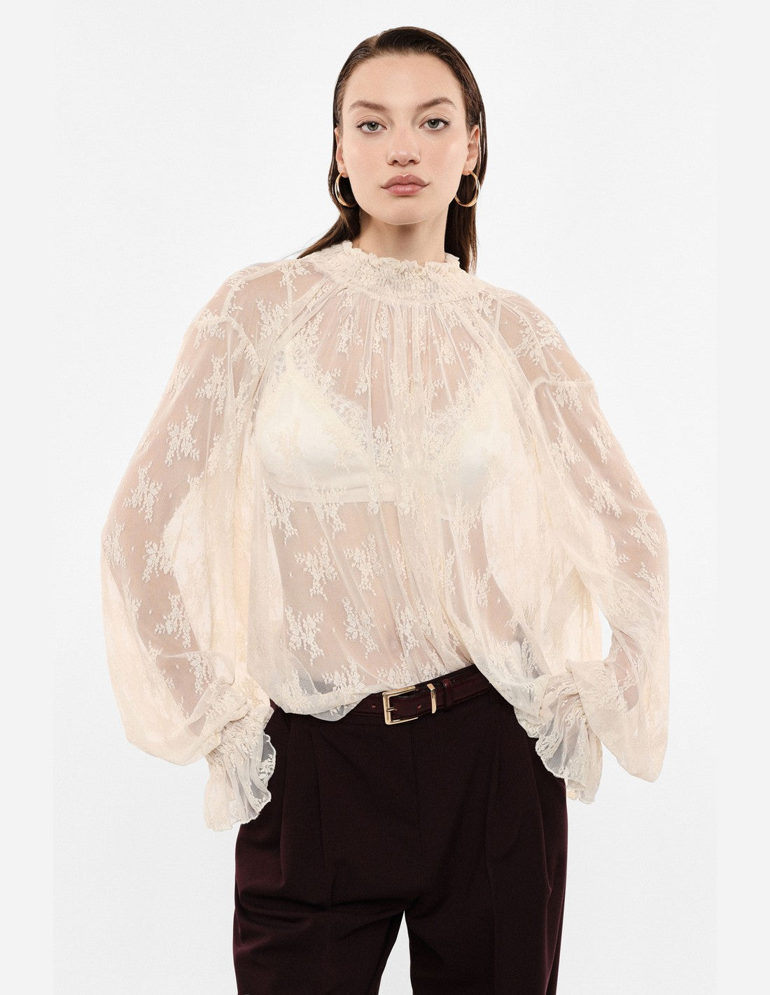 Blouse en tulle à motifs et col froncé – beige – Imperial Femme