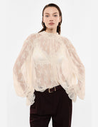 Blouse en tulle à motifs et col froncé – beige – Imperial Femme