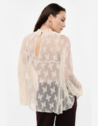 Blouse en tulle à motifs et col froncé – beige – Imperial Femme