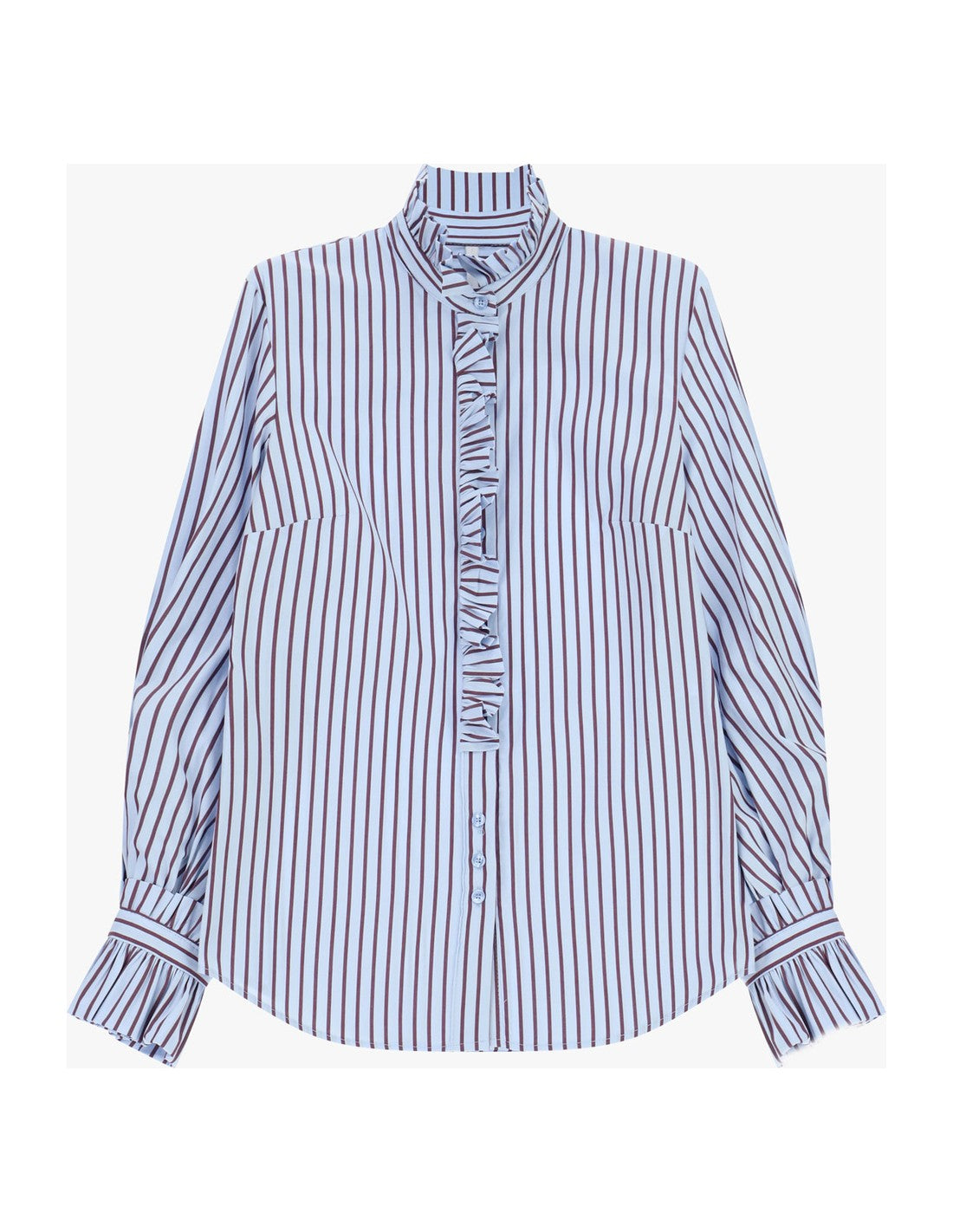 Chemise rayée à plastron volanté à plat – Bleu ciel et bordeaux – Imperial Femme