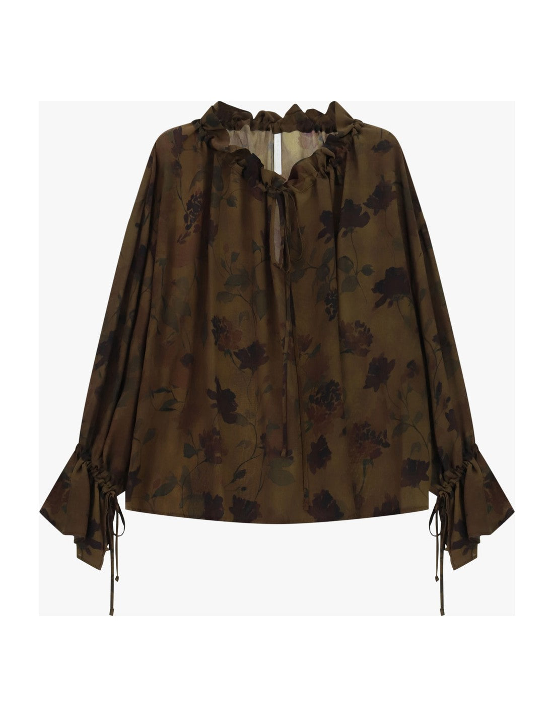 Blouse fluide imprimé fleuri à col volanté à plat – Vert olive – Imperial Femme