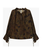 Blouse fluide imprimé fleuri à col volanté à plat – Vert olive – Imperial Femme