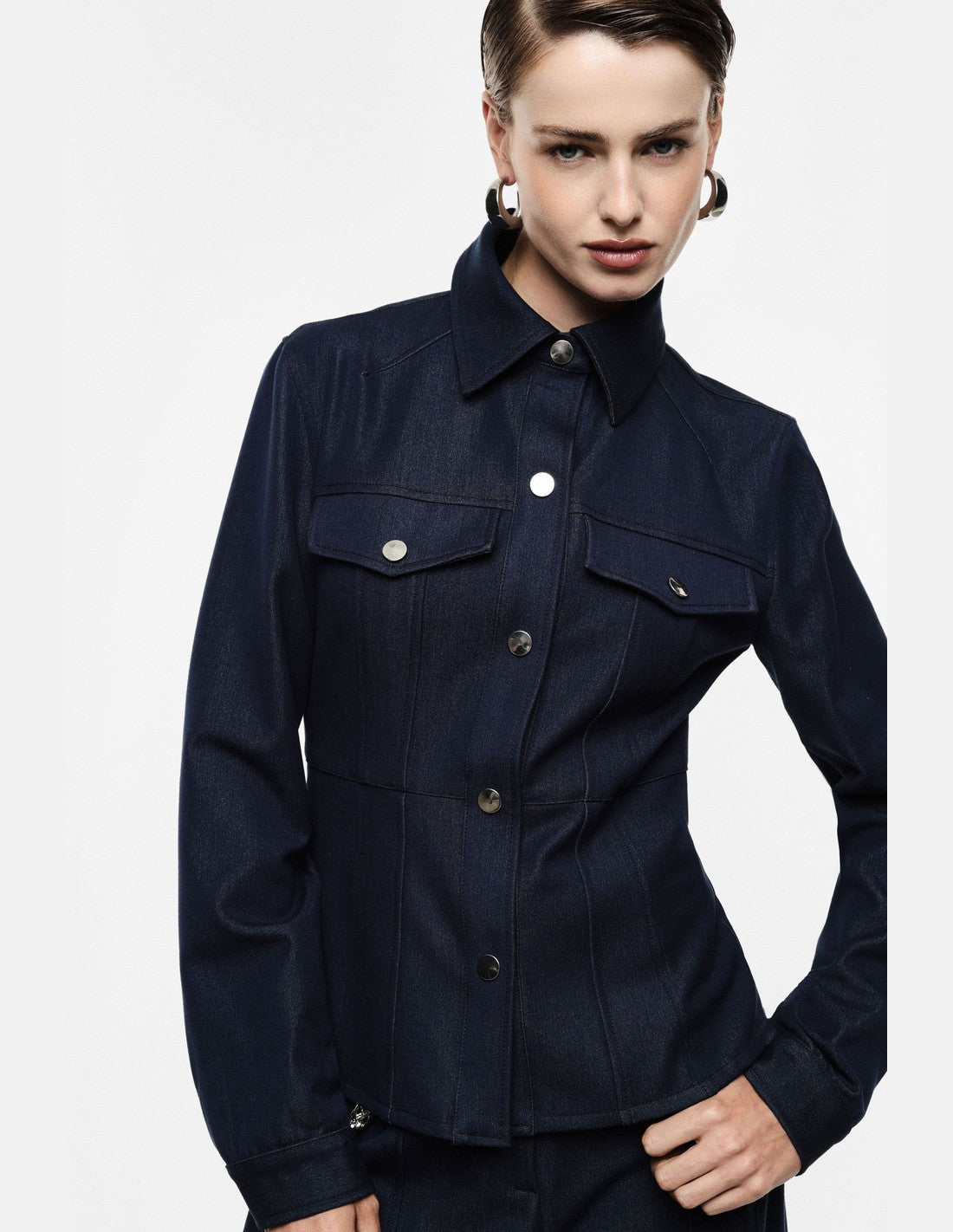 Veste chemise en toile denim boutons métal – bleu denim – Imperial Femme