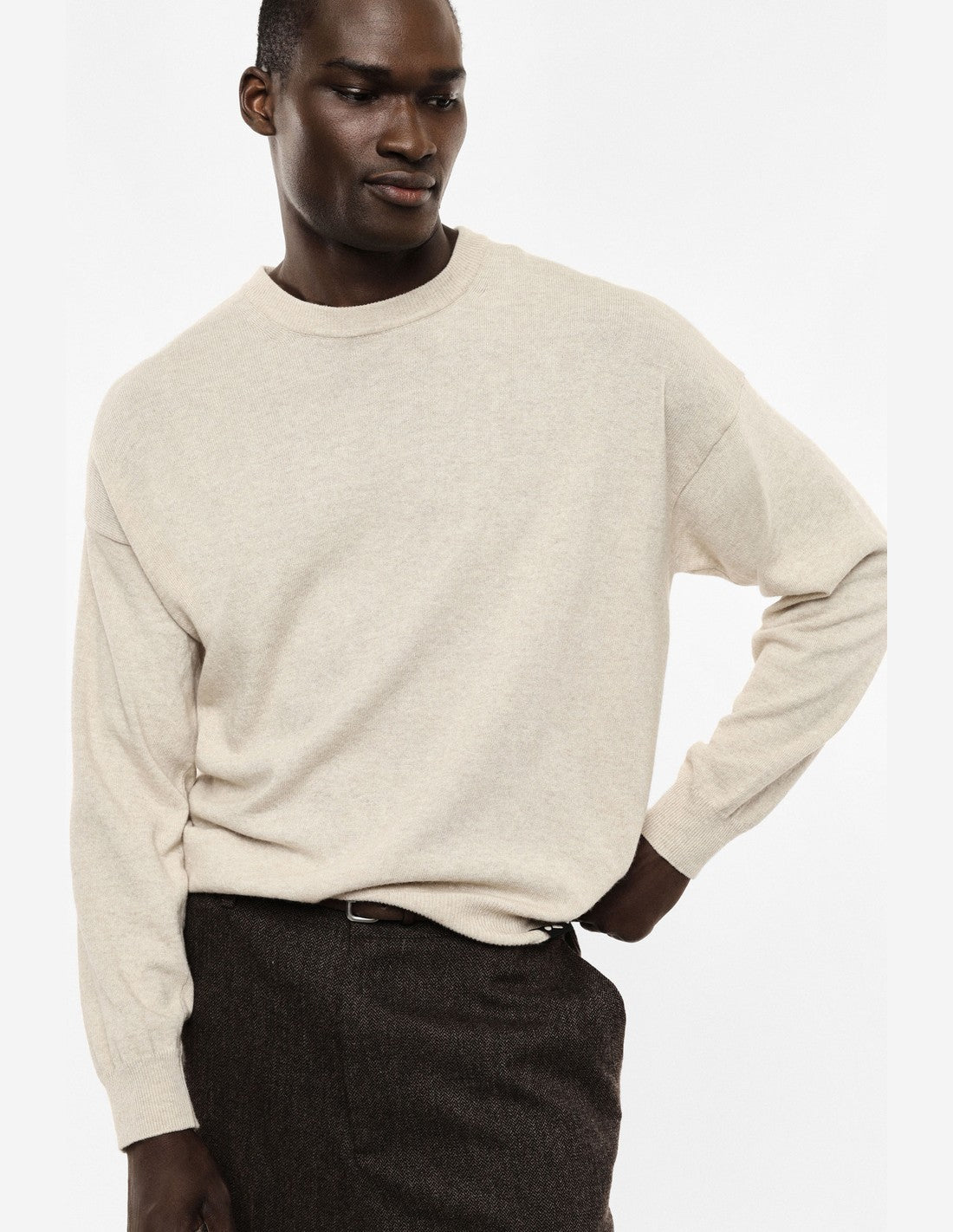 Pull col rond en maille laine mélangée – beige – Imperial Homme