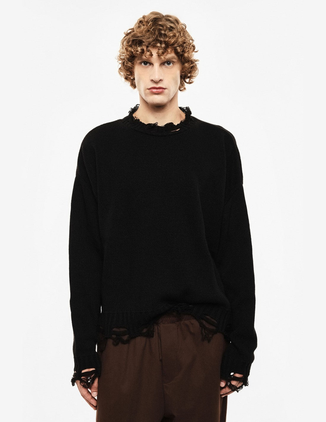 Pull col rond à bords effilochés – noir – Imperial Homme