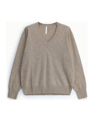 Pull col V en maille mélangée cachemire à plat – Beige chiné – Imperial Femme