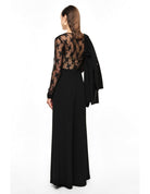 Pantalon palazzo taille haute ceinturé en crêpe porté, dos – Noir – Imperial Femme