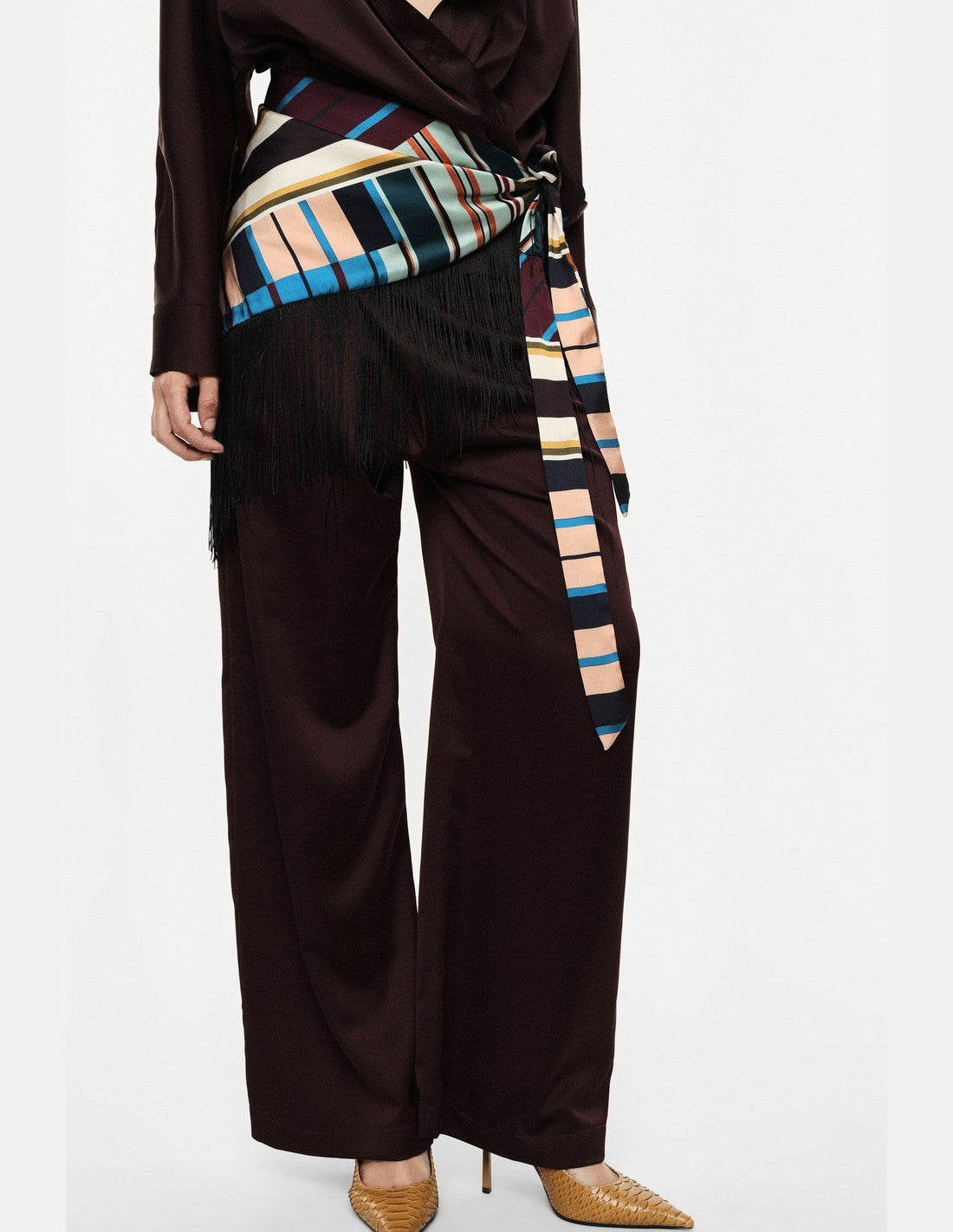 Pantalon palazzo taille haute en crêpe satin – bordeaux – Imperial Femme