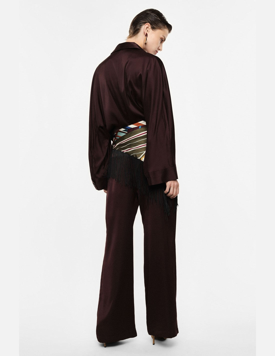 Pantalon palazzo taille haute en crêpe satin – bordeaux – Imperial Femme