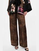 Pantalon palazzo imprimé taille élastiquée – vert et bordeaux – Imperial Femme