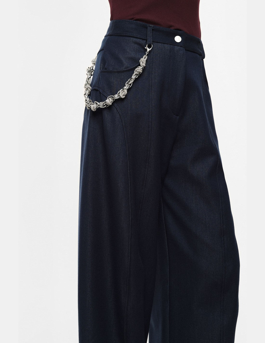 Pantalon palazzo en toile denim à chaîne décorative – bleu denim – Imperial Femme