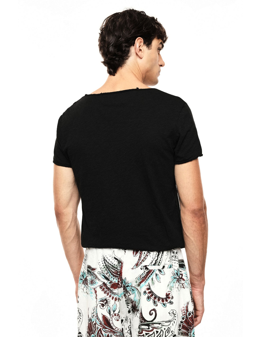 T-shirt col rond décolleté en coton flammé porté, dos – Noir – Imperial Homme