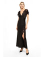 Robe longue satin dentelle porté, face – Marron – Imperial Femme