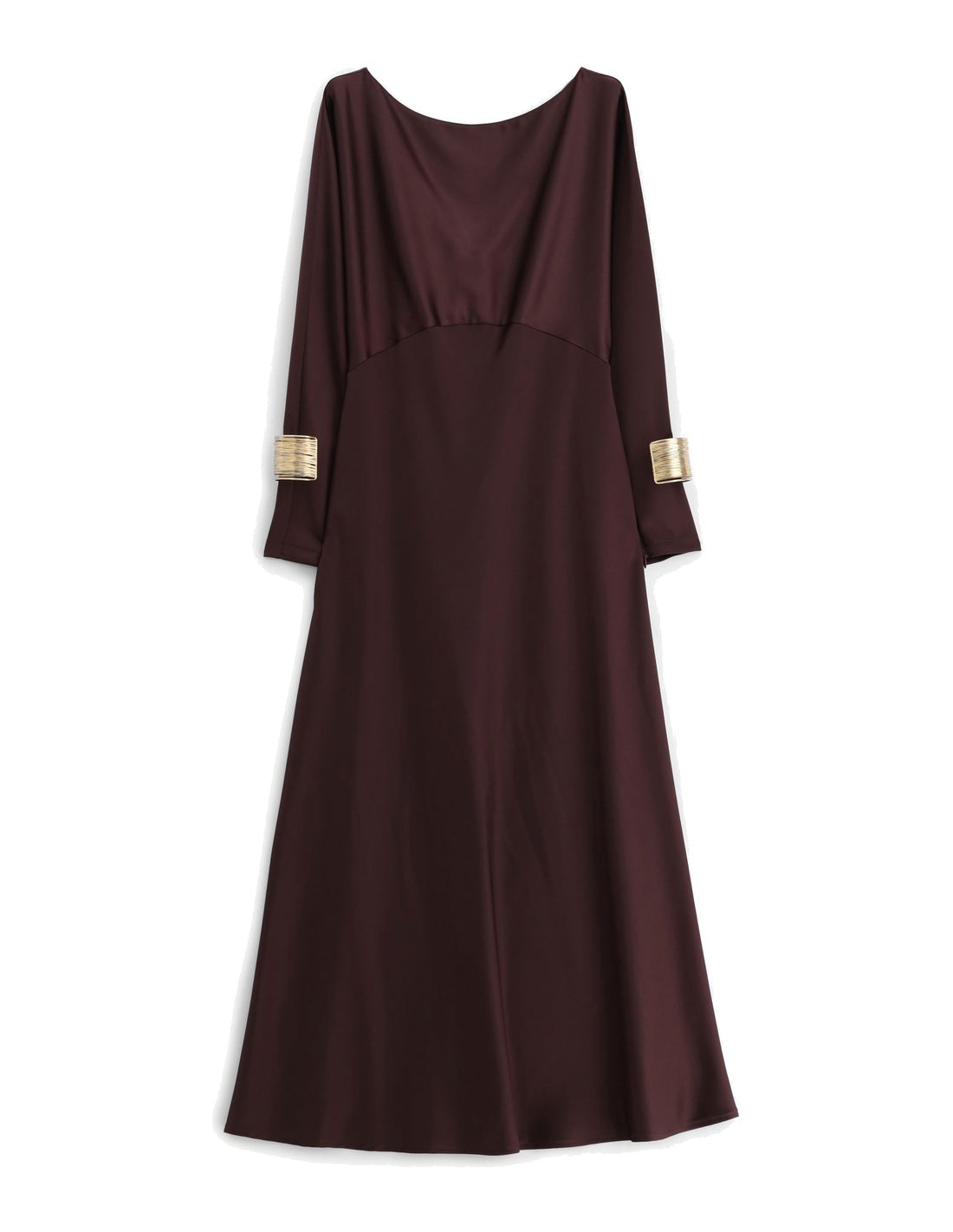 Robe longue en crêpe satin col bateau manchettes dorées – Imperial Femme
