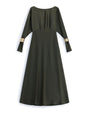 Robe longue en crêpe satin col bateau manchettes dorées – Imperial Femme