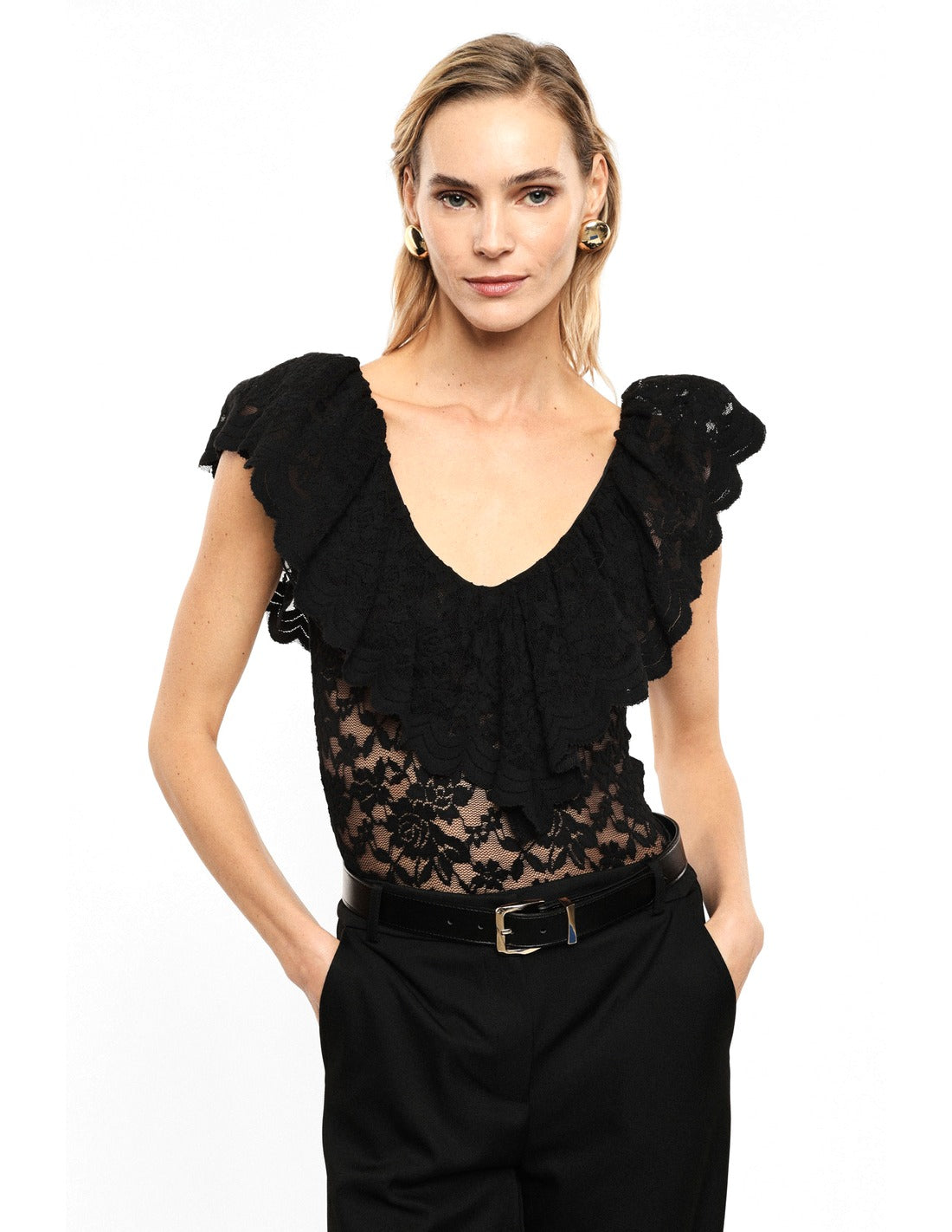 Body en dentelle à volants aux épaules porté, face – Noir – Imperial Femme