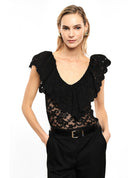 Body en dentelle à volants aux épaules porté, face – Noir – Imperial Femme