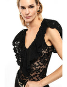 Body en dentelle à volants aux épaules porté, profil – Noir – Imperial Femme