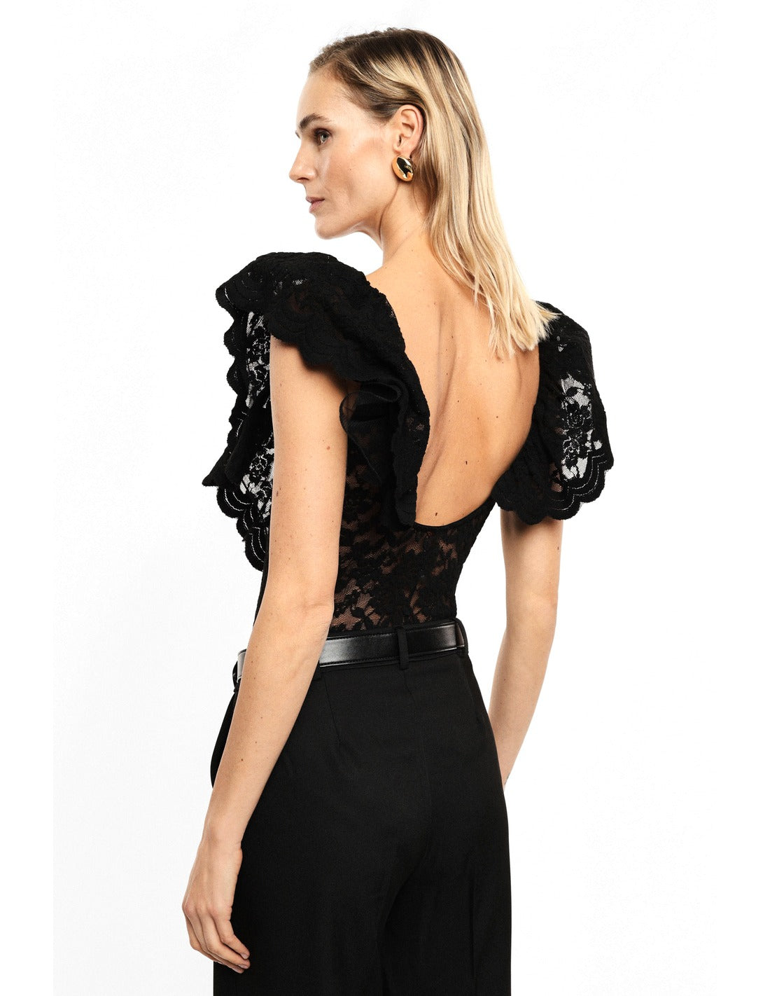 Body en dentelle à volants aux épaules porté, dos – Noir – Imperial Femme