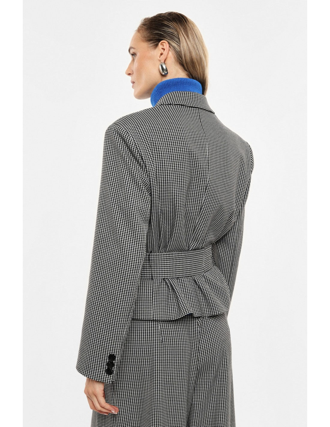 Blazer croisé ceinturé pied-de-poule noir et blanc – Imperial Femme