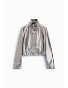 Blouson court éco-cuir lamé argenté craquelé – Imperial Femme