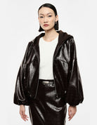 Blouson éco-cuir à capuche et manches ballon porté – Imperial Femme