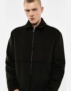 Blouson zippé en drap de laine porté, détail du col – kaki foncé – Imperial Homme