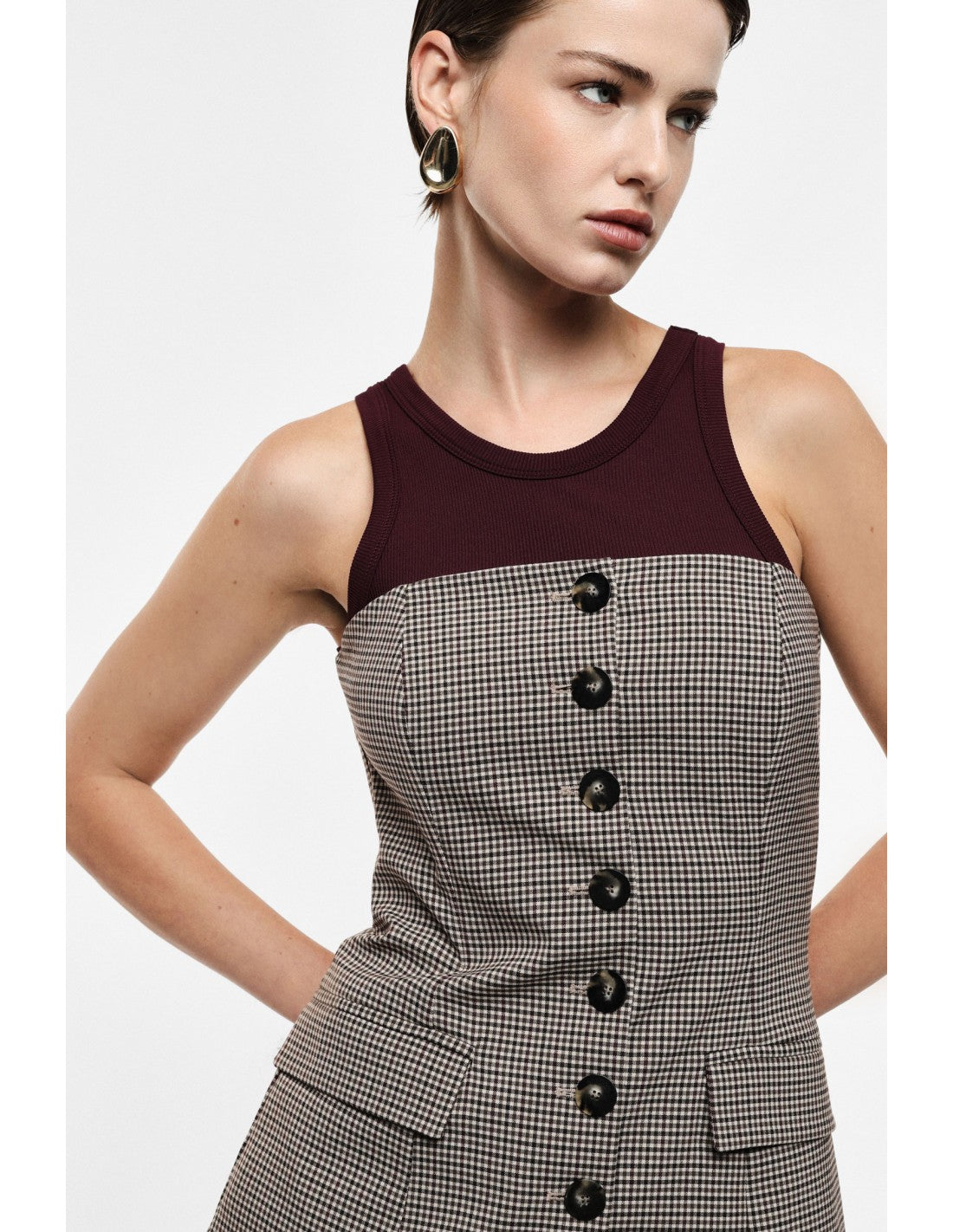 Bustier tailleur boutonné micro pied-de-poule – Imperial Femme