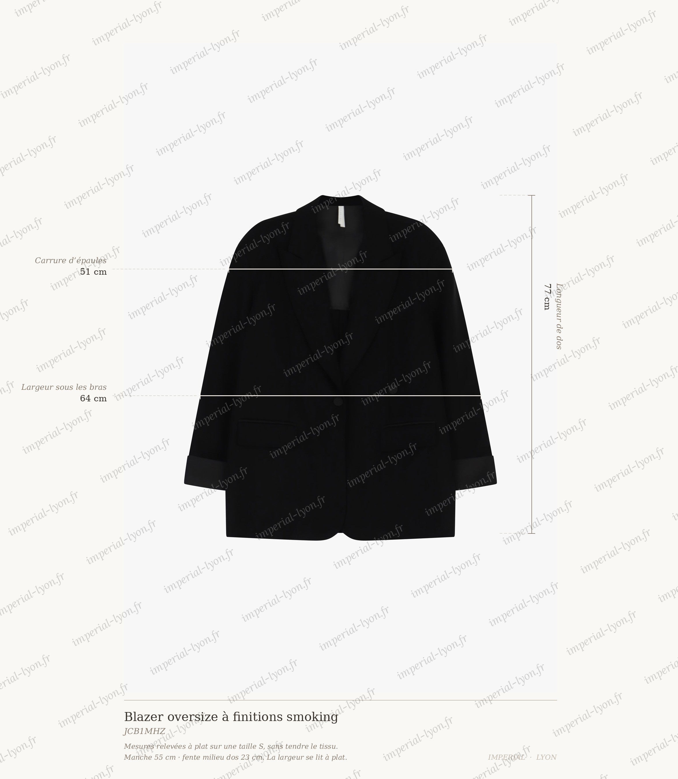 Cartographie des mesures du blazer Imperial : longueur de dos 77 cm, carrure d'épaules 51 cm, largeur sous les bras 64 cm, manche 55 cm