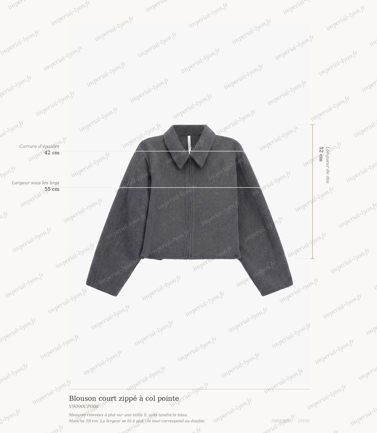 Cartographie des mesures du blouson Imperial : dos 52 cm, épaules 42 cm, largeur sous les bras 55 cm, manche 59 cm