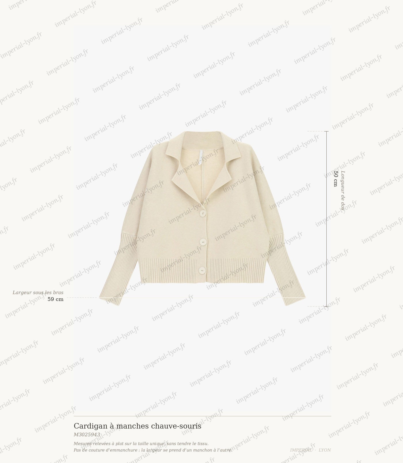Cartographie des mesures du cardigan Imperial : longueur de dos 50 cm, largeur sous les bras 59 cm