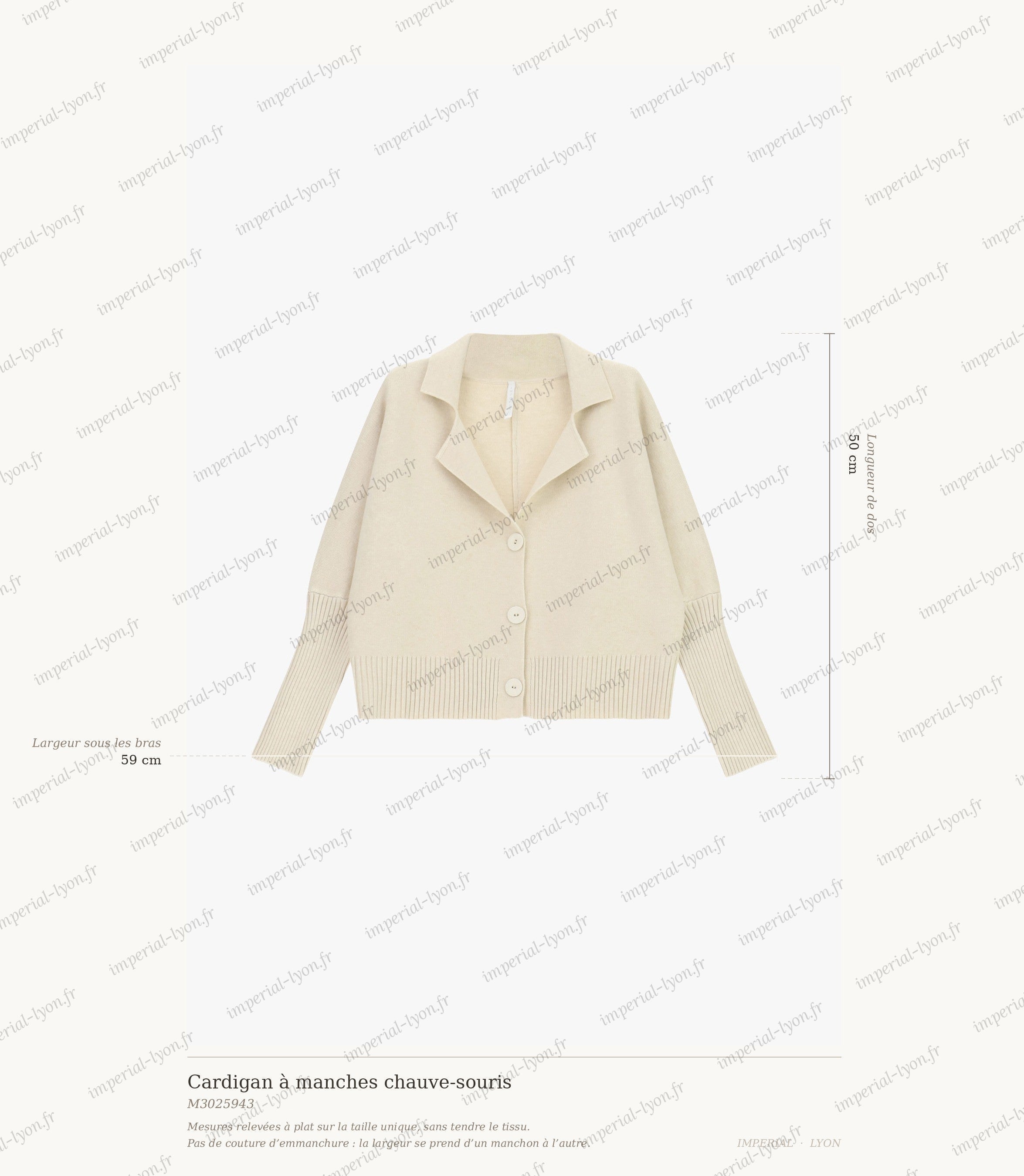Cartographie des mesures du cardigan Imperial : longueur de dos 50 cm, largeur sous les bras 59 cm