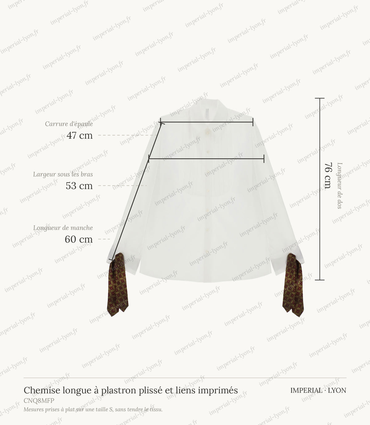 Cartographie des mesures de la chemise, relevées à plat sur la taille S : carrure d'épaule 47 cm, largeur sous les bras 53 cm, longueur de manche 60 cm, longueur de dos 76 cm