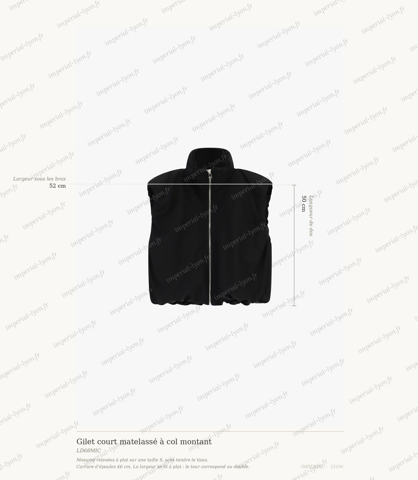 Cartographie des mesures du gilet Imperial : dos 50 cm, carrure 46 cm, largeur sous les bras 52 cm