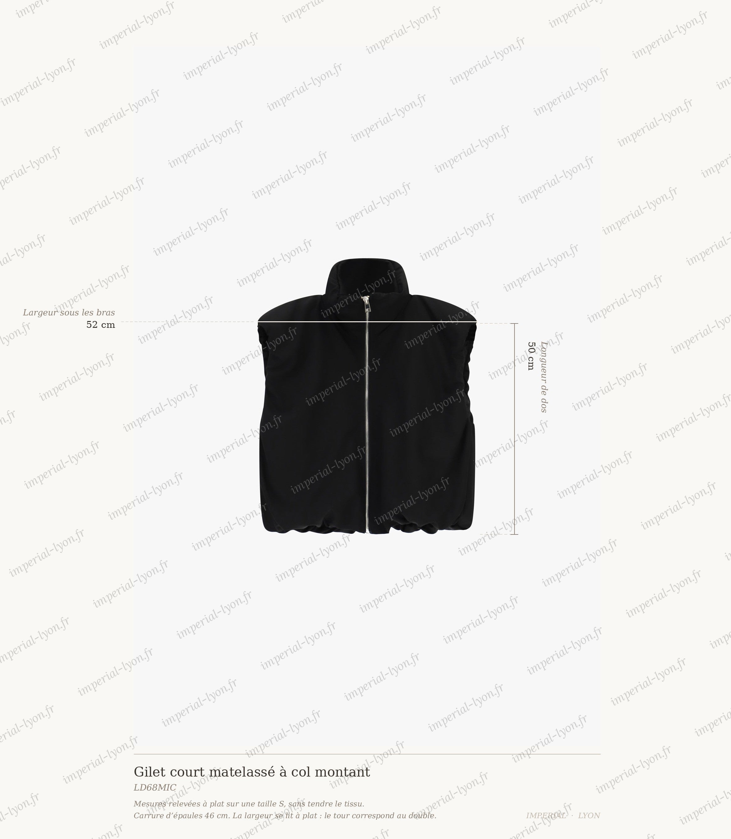 Cartographie des mesures du gilet Imperial : dos 50 cm, carrure 46 cm, largeur sous les bras 52 cm