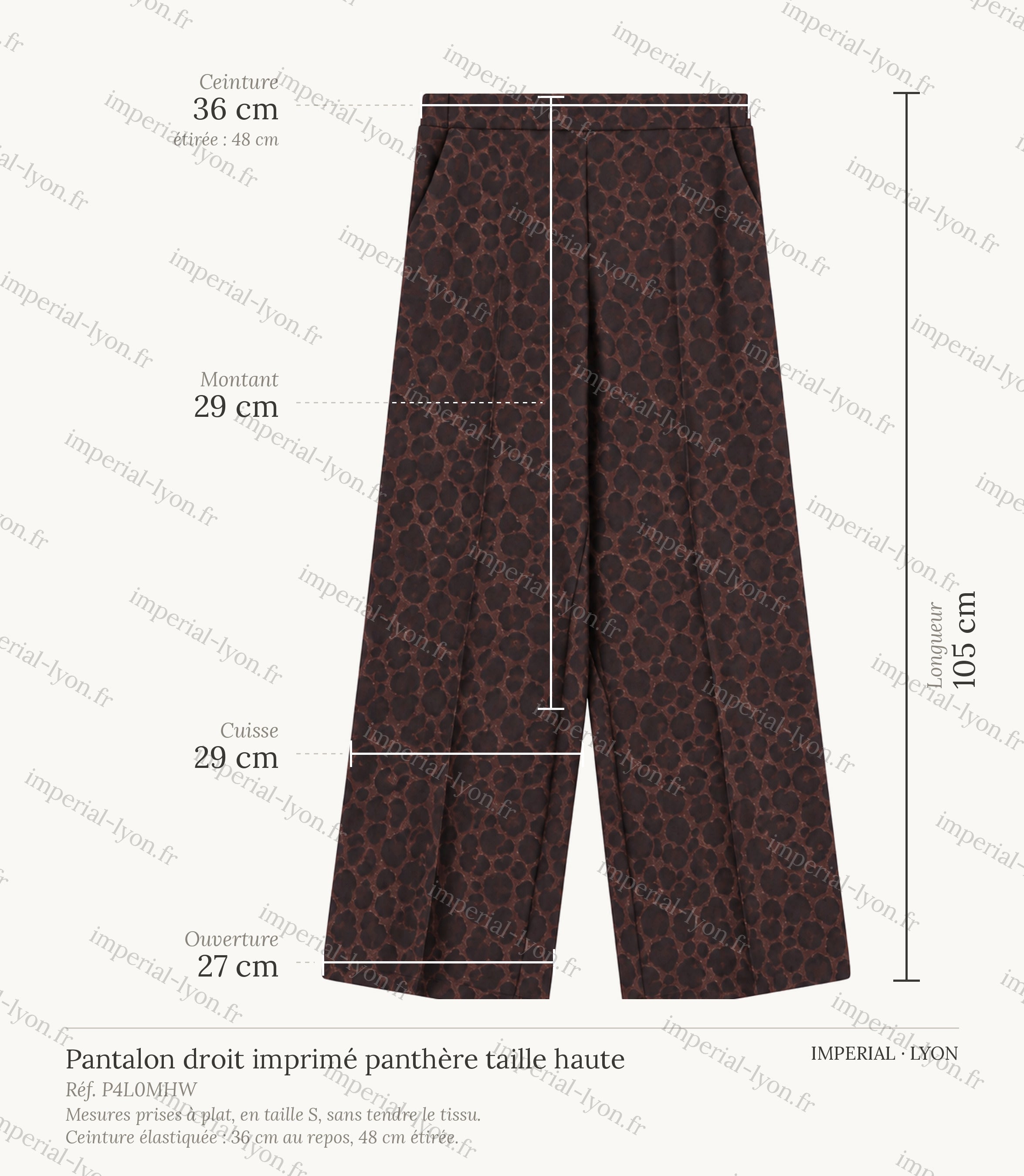 Cartographie des mesures du pantalon droit imprimé panthère taille haute Imperial - ceinture 36 cm, montant 29 cm, cuisse 29 cm, ouverture 27 cm, longueur 105 cm all-groups