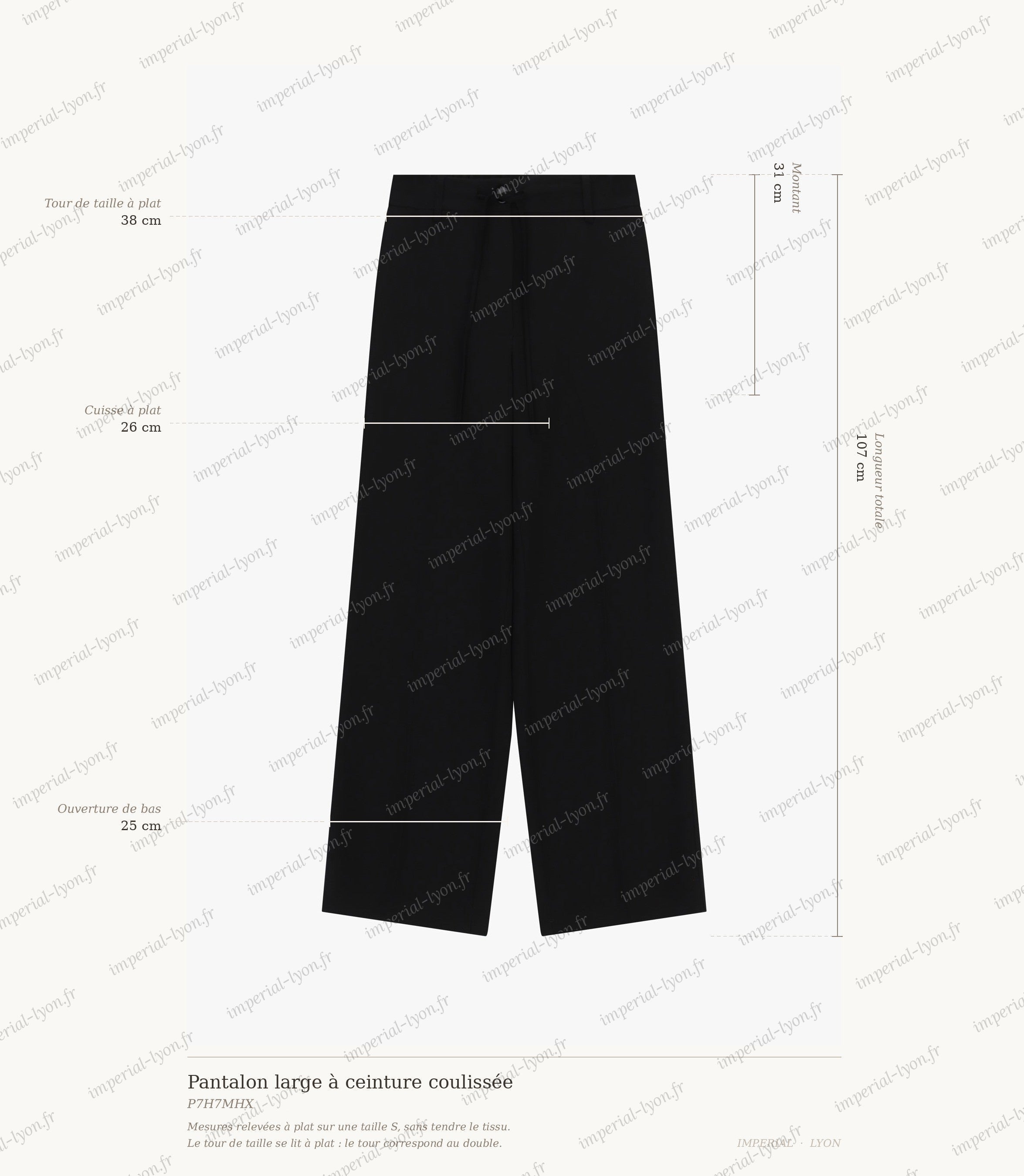 Cartographie des mesures du pantalon Imperial : taille 38 cm, montant 31 cm, cuisse 26 cm, ouverture 25 cm, longueur 107 cm