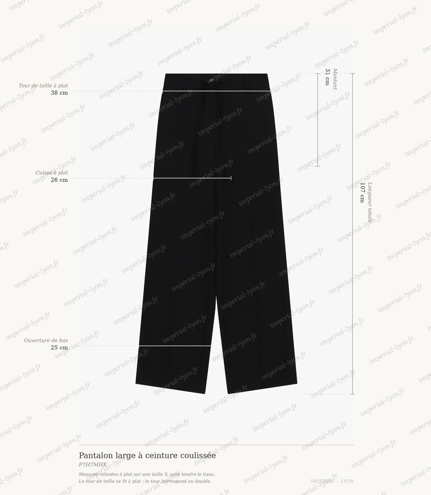 Cartographie des mesures du pantalon Imperial : taille 38 cm, montant 31 cm, cuisse 26 cm, ouverture 25 cm, longueur 107 cm