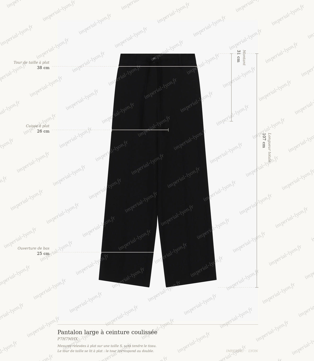 Cartographie des mesures du pantalon Imperial : taille 38 cm, montant 31 cm, cuisse 26 cm, ouverture 25 cm, longueur 107 cm