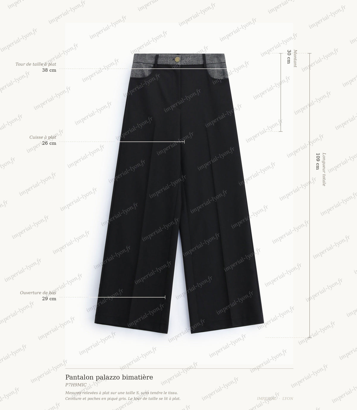 Cartographie des mesures du pantalon Imperial : taille 38 cm, montant 30 cm, cuisse 26 cm, ouverture 29 cm, longueur 109 cm